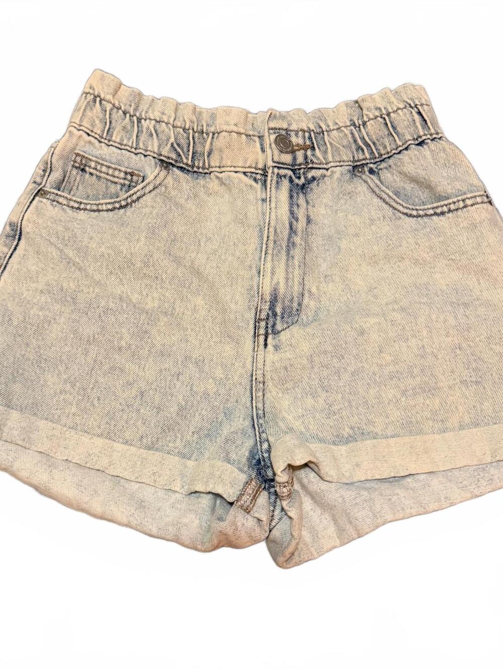 FB Sister Small Light Wash High Rise Paperbag Denim Shorts